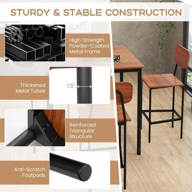 Alt view image 4 of 6 - 5-Piece Dining Table Set W/Counter Height Table & 4 Bar Stools, Industrial Kitchen Dining Table Set W/Footrest & Backrest, Space-Saving Dinette Set for Pub, Dining Room, Restaurant (Walnut)