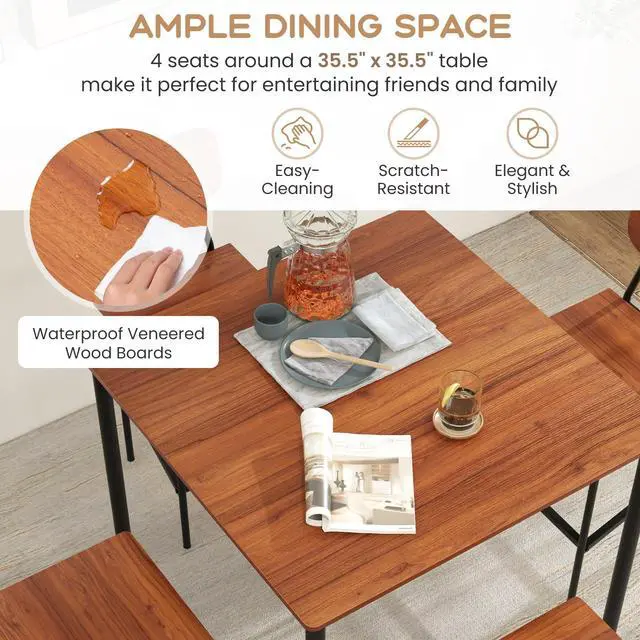 Alt view image 5 of 6 - 5-Piece Dining Table Set W/Counter Height Table & 4 Bar Stools, Industrial Kitchen Dining Table Set W/Footrest & Backrest, Space-Saving Dinette Set for Pub, Dining Room, Restaurant (Walnut)