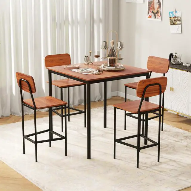 Alt view image 6 of 6 - 5-Piece Dining Table Set W/Counter Height Table & 4 Bar Stools, Industrial Kitchen Dining Table Set W/Footrest & Backrest, Space-Saving Dinette Set for Pub, Dining Room, Restaurant (Walnut)