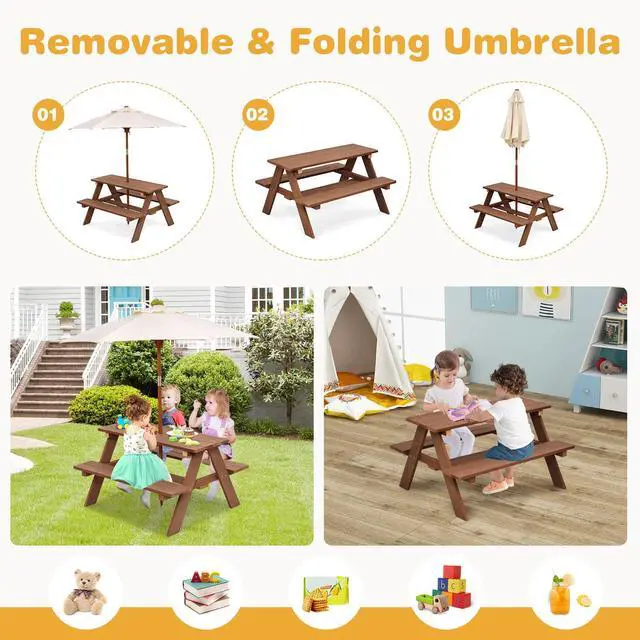 Alt view image 2 of 6 - Kids Picnic Table, Outdoor Wooden Bench Set w/Removable Umbrella, Children Backyard Furniture for Patio Garden, Toddler Picnic Table for Outdoors, Gift for Boys Girls, Walnut