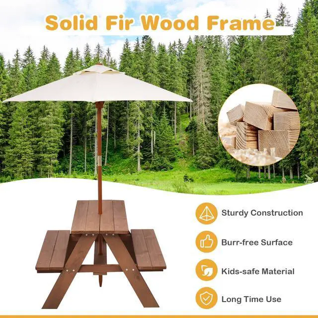Alt view image 3 of 6 - Kids Picnic Table, Outdoor Wooden Bench Set w/Removable Umbrella, Children Backyard Furniture for Patio Garden, Toddler Picnic Table for Outdoors, Gift for Boys Girls, Walnut