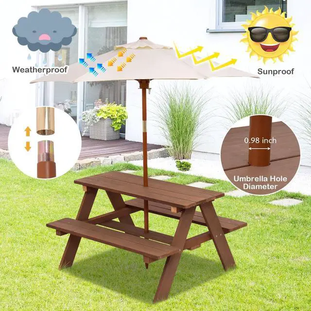 Alt view image 4 of 6 - Kids Picnic Table, Outdoor Wooden Bench Set w/Removable Umbrella, Children Backyard Furniture for Patio Garden, Toddler Picnic Table for Outdoors, Gift for Boys Girls, Walnut