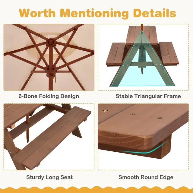 Alt view image 5 of 6 - Kids Picnic Table, Outdoor Wooden Bench Set w/Removable Umbrella, Children Backyard Furniture for Patio Garden, Toddler Picnic Table for Outdoors, Gift for Boys Girls, Walnut