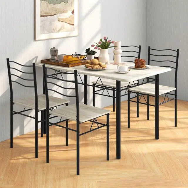 Alt view image 5 of 6 - 47-inches Dining Table Set for 4, Rectangular Kitchen Table with 4 Dining Chairs, Metal Frame, 5-Piece Space-Saving Dinette Set for Small Space, Dinner, Breakfast Nook, Apartment