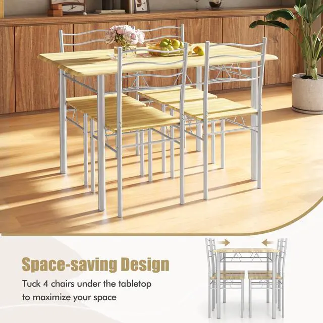 Alt view image 2 of 6 - 47-inches Dining Table Set for 4, Rectangular Kitchen Table with 4 Dining Chairs, Metal Frame, 5-Piece Space-Saving Dinette Set for Small Space, Dinner, Breakfast Nook, Apartment, Natural