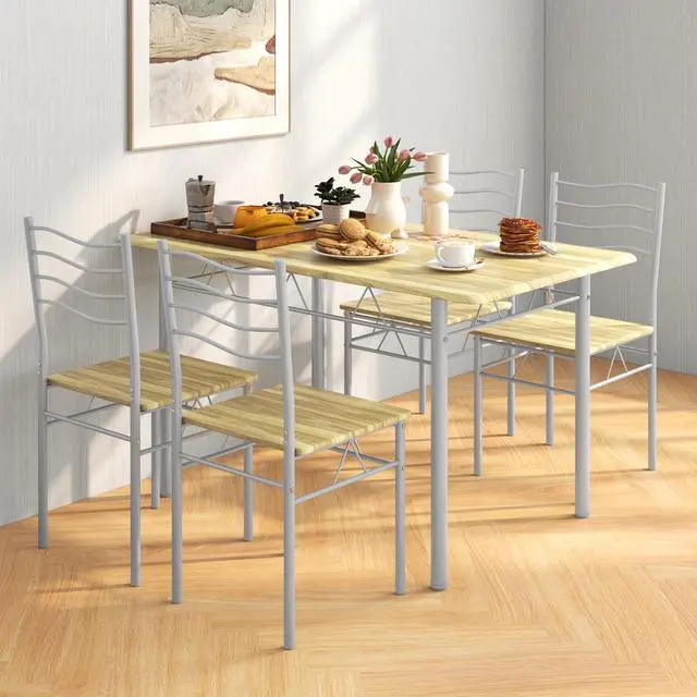 Alt view image 4 of 6 - 47-inches Dining Table Set for 4, Rectangular Kitchen Table with 4 Dining Chairs, Metal Frame, 5-Piece Space-Saving Dinette Set for Small Space, Dinner, Breakfast Nook, Apartment, Natural