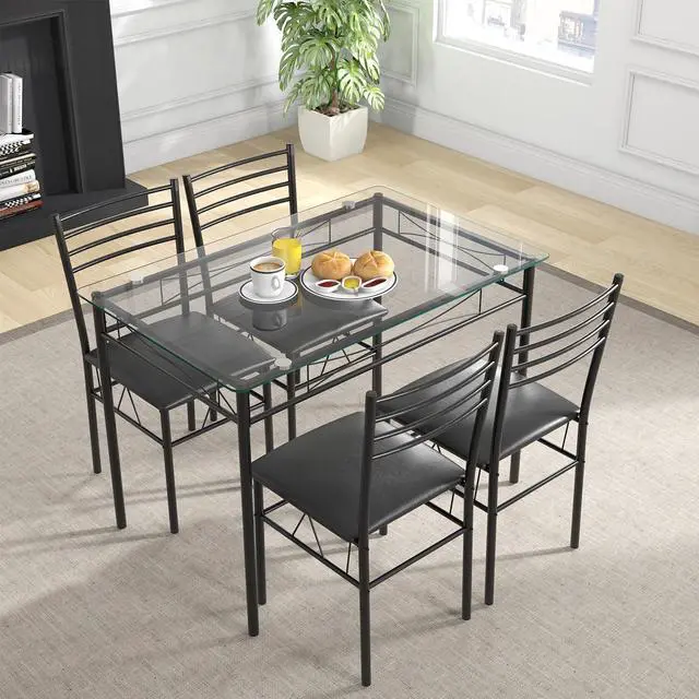 Alt view image 2 of 6 - 5 Piece Dining Table Set, Kitchen Dining Set with Tempered Glass Table Top and 4 Upholstered Chairs, Dinette Set for 4 for Breakfast Nook Dining Room Kitchen (Black)