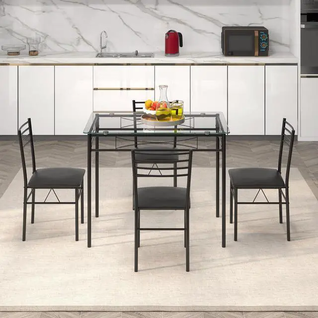 Alt view image 3 of 6 - 5 Piece Dining Table Set, Kitchen Dining Set with Tempered Glass Table Top and 4 Upholstered Chairs, Dinette Set for 4 for Breakfast Nook Dining Room Kitchen (Black)