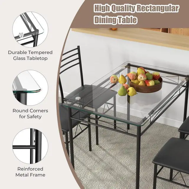 Alt view image 4 of 6 - 5 Piece Dining Table Set, Kitchen Dining Set with Tempered Glass Table Top and 4 Upholstered Chairs, Dinette Set for 4 for Breakfast Nook Dining Room Kitchen (Black)