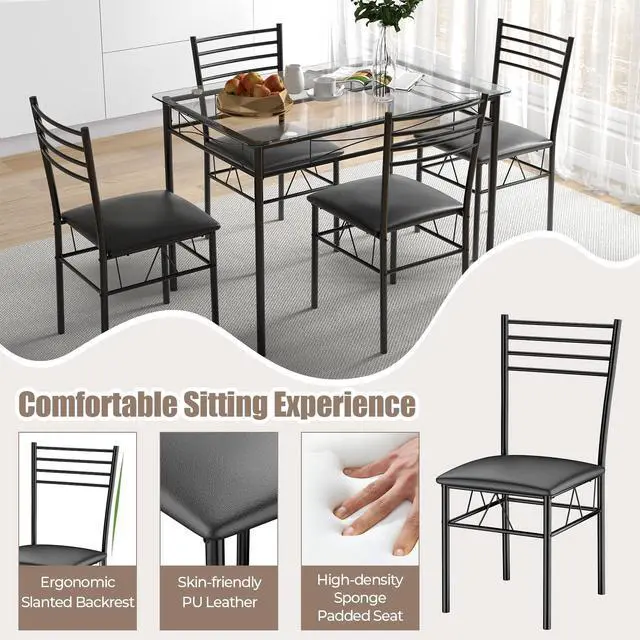 Alt view image 5 of 6 - 5 Piece Dining Table Set, Kitchen Dining Set with Tempered Glass Table Top and 4 Upholstered Chairs, Dinette Set for 4 for Breakfast Nook Dining Room Kitchen (Black)