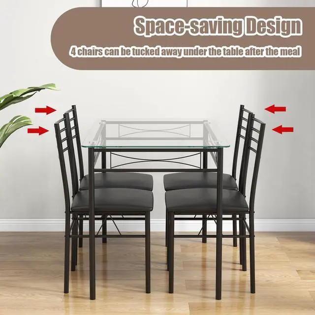 Alt view image 6 of 6 - 5 Piece Dining Table Set, Kitchen Dining Set with Tempered Glass Table Top and 4 Upholstered Chairs, Dinette Set for 4 for Breakfast Nook Dining Room Kitchen (Black)