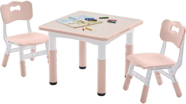 Main image of Kids Table and 2 Chairs Set, Height-Adjustable Toddler Table and Chair Set with Graffiti Desktop, 23.6''L x 23.6''W Children Activity Table for Daycare, Classroom, Home