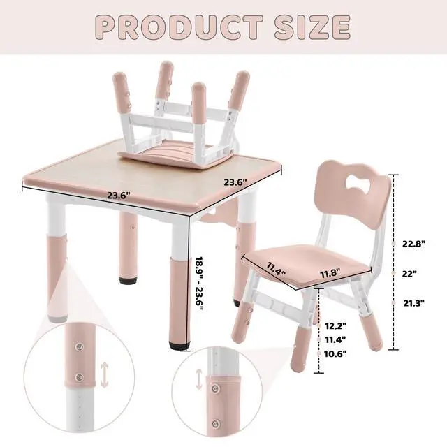 Alt view image 2 of 6 - Kids Table and 2 Chairs Set, Height-Adjustable Toddler Table and Chair Set with Graffiti Desktop, 23.6''L x 23.6''W Children Activity Table for Daycare, Classroom, Home