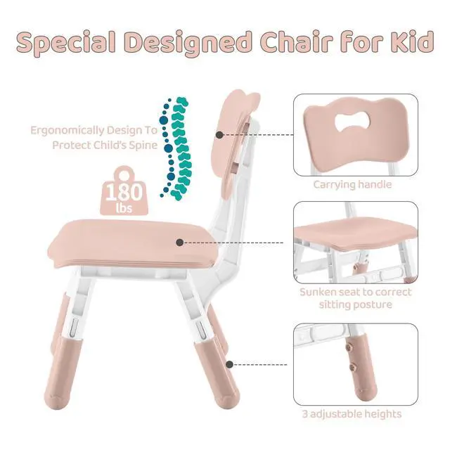 Alt view image 4 of 6 - Kids Table and 2 Chairs Set, Height-Adjustable Toddler Table and Chair Set with Graffiti Desktop, 23.6''L x 23.6''W Children Activity Table for Daycare, Classroom, Home