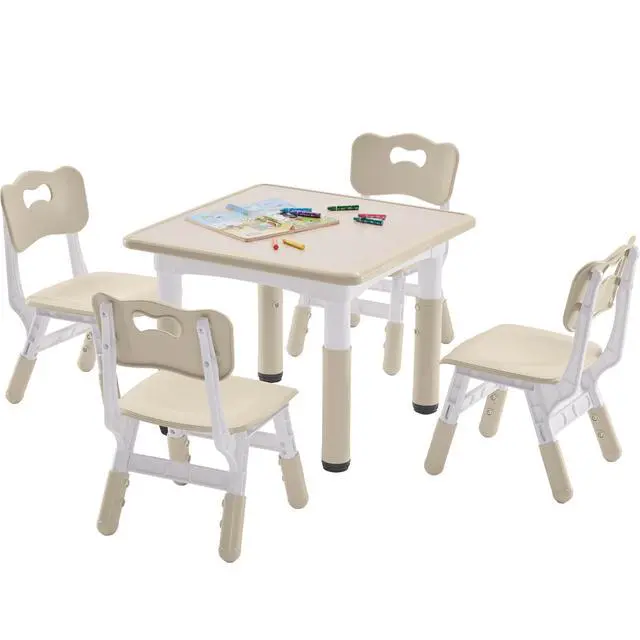 Main image of Kids Table and 4 Chairs Set, Height-Adjustable Toddler Table and Chairs Set with Graffiti Desktop, 23.6''L x 23.6''W Children Activity Table for Daycare, Classroom, Home