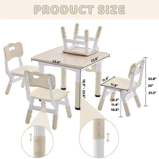 Alt view image 2 of 6 - Kids Table and 4 Chairs Set, Height-Adjustable Toddler Table and Chairs Set with Graffiti Desktop, 23.6''L x 23.6''W Children Activity Table for Daycare, Classroom, Home