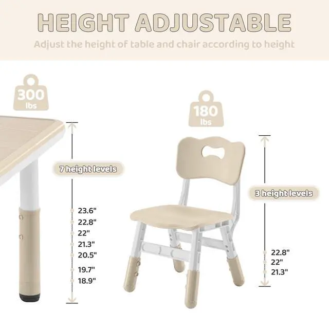 Alt view image 3 of 6 - Kids Table and 4 Chairs Set, Height-Adjustable Toddler Table and Chairs Set with Graffiti Desktop, 23.6''L x 23.6''W Children Activity Table for Daycare, Classroom, Home