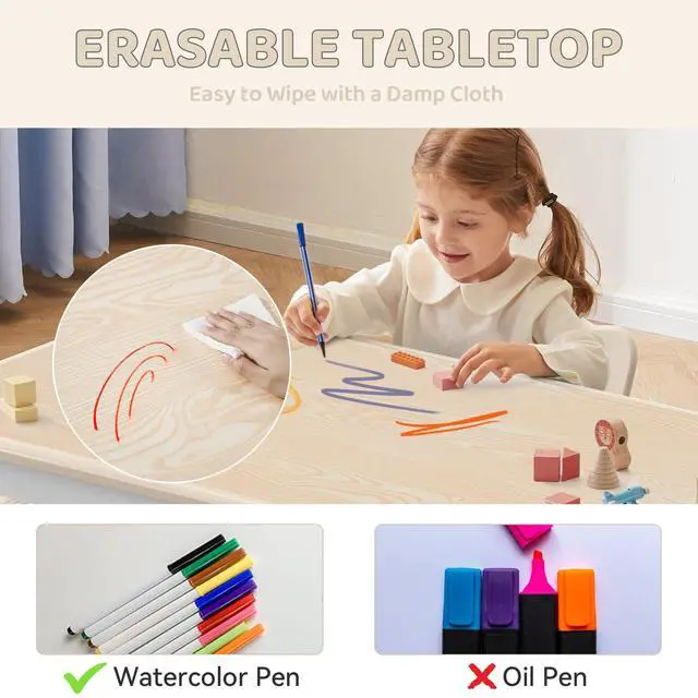 Alt view image 5 of 6 - Kids Table and 4 Chairs Set, Height-Adjustable Toddler Table and Chairs Set with Graffiti Desktop, 23.6''L x 23.6''W Children Activity Table for Daycare, Classroom, Home