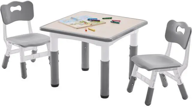 Main image of Kids Table and 2 Chairs Set, Height-Adjustable Toddler Table and Chairs Set with Graffiti Desktop, 23.6''L x 23.6''W Children Activity Table for Daycare, Classroom, Home, Grey-w