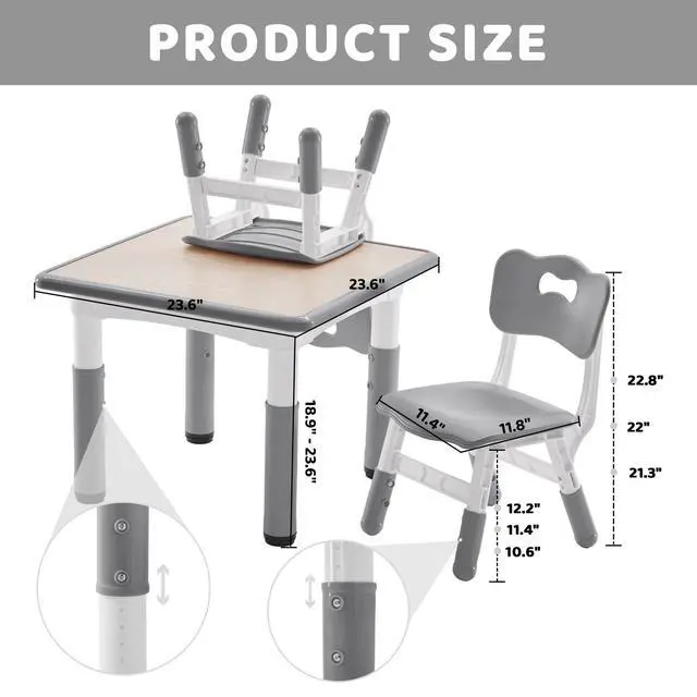 Alt view image 2 of 6 - Kids Table and 2 Chairs Set, Height-Adjustable Toddler Table and Chairs Set with Graffiti Desktop, 23.6''L x 23.6''W Children Activity Table for Daycare, Classroom, Home, Grey-w