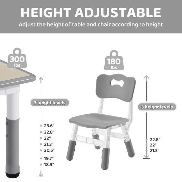 Alt view image 3 of 6 - Kids Table and 2 Chairs Set, Height-Adjustable Toddler Table and Chairs Set with Graffiti Desktop, 23.6''L x 23.6''W Children Activity Table for Daycare, Classroom, Home, Grey-w