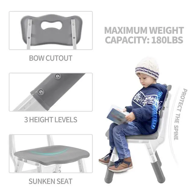 Alt view image 4 of 6 - Kids Table and 2 Chairs Set, Height-Adjustable Toddler Table and Chairs Set with Graffiti Desktop, 23.6''L x 23.6''W Children Activity Table for Daycare, Classroom, Home, Grey-w