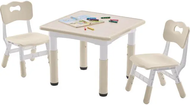 Main image of Kids Table and 2 Chairs Set, Height-Adjustable Toddler Table and Chairs Set with Graffiti Desktop, 23.6''L x 23.6''W Children Activity Table for Daycare, Classroom, Home, Burlywood-w