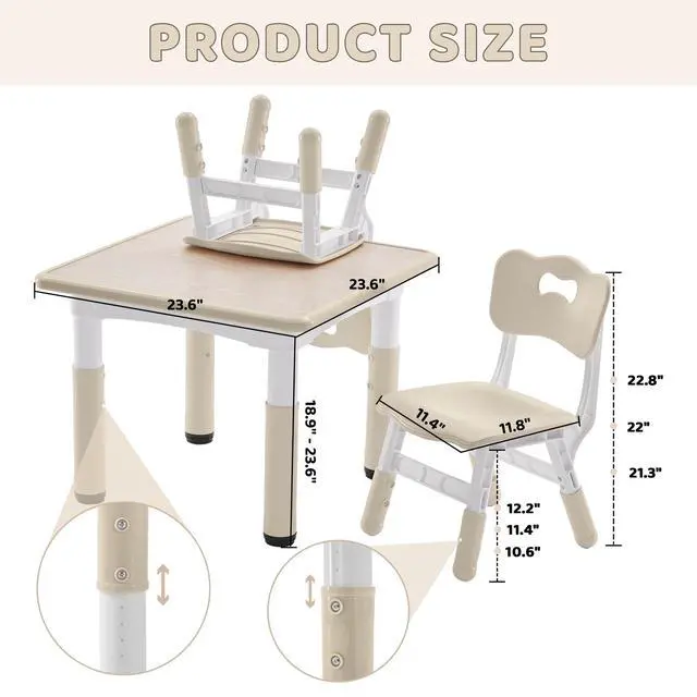 Alt view image 2 of 6 - Kids Table and 2 Chairs Set, Height-Adjustable Toddler Table and Chairs Set with Graffiti Desktop, 23.6''L x 23.6''W Children Activity Table for Daycare, Classroom, Home, Burlywood-w