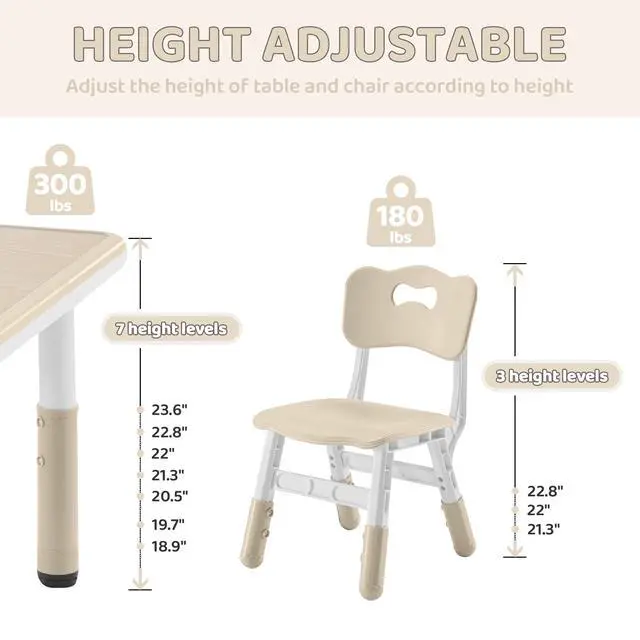 Alt view image 3 of 6 - Kids Table and 2 Chairs Set, Height-Adjustable Toddler Table and Chairs Set with Graffiti Desktop, 23.6''L x 23.6''W Children Activity Table for Daycare, Classroom, Home, Burlywood-w