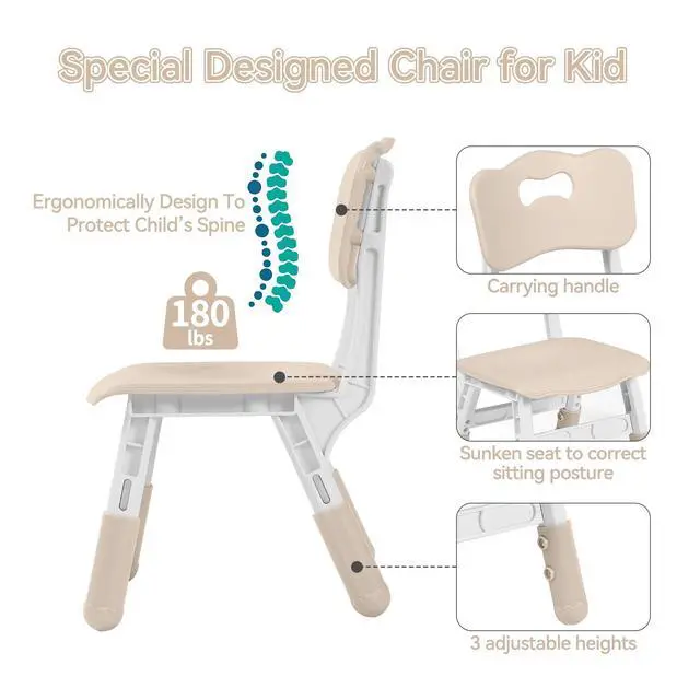 Alt view image 4 of 6 - Kids Table and 2 Chairs Set, Height-Adjustable Toddler Table and Chairs Set with Graffiti Desktop, 23.6''L x 23.6''W Children Activity Table for Daycare, Classroom, Home, Burlywood-w