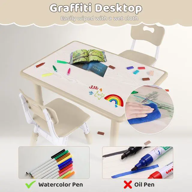 Alt view image 3 of 6 - Kids Table and 4 Chairs Set, Height Adjustable (17.7"-26.1") Toddler Table and Chair Set, Multi-Activity Table with Graffiti Desktop, Childrens Table and Chairs for Classroom, Home & Daycare