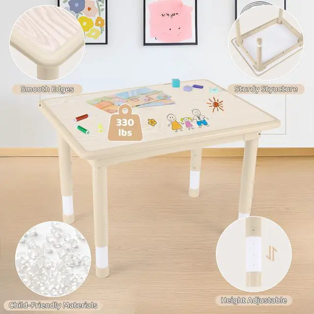 Alt view image 4 of 6 - Kids Table and 4 Chairs Set, Height Adjustable (17.7"-26.1") Toddler Table and Chair Set, Multi-Activity Table with Graffiti Desktop, Childrens Table and Chairs for Classroom, Home & Daycare