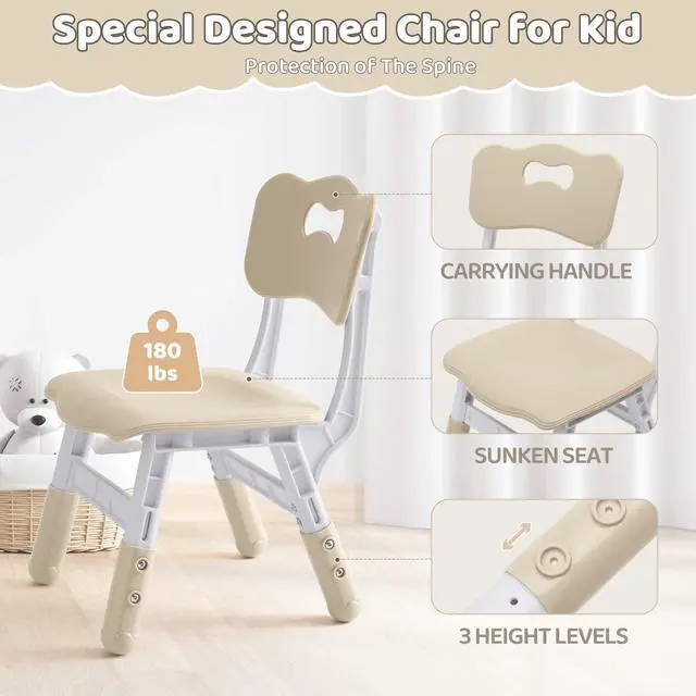 Alt view image 5 of 6 - Kids Table and 4 Chairs Set, Height Adjustable (17.7"-26.1") Toddler Table and Chair Set, Multi-Activity Table with Graffiti Desktop, Childrens Table and Chairs for Classroom, Home & Daycare
