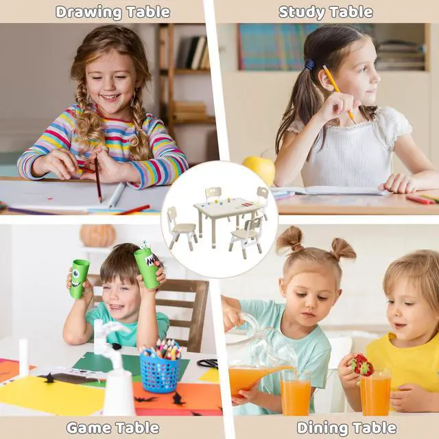 Alt view image 6 of 6 - Kids Table and 4 Chairs Set, Height Adjustable (17.7"-26.1") Toddler Table and Chair Set, Multi-Activity Table with Graffiti Desktop, Childrens Table and Chairs for Classroom, Home & Daycare