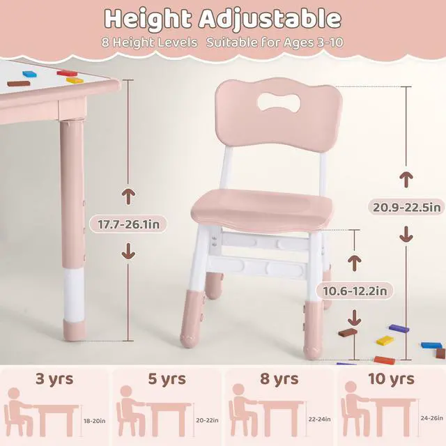 Alt view image 2 of 6 - Kids Table and 4 Chairs Set, Height Adjustable (17.7"-26.1") Toddler Table and Chair Set, Multi-Activity Table with Graffiti Desktop, Childrens Table and Chairs for Classroom, Home & Daycare