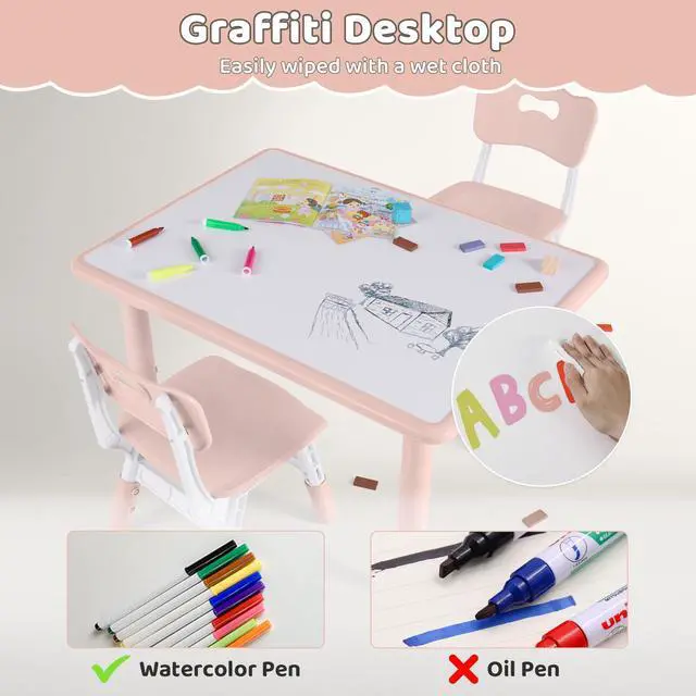Alt view image 3 of 6 - Kids Table and 4 Chairs Set, Height Adjustable (17.7"-26.1") Toddler Table and Chair Set, Multi-Activity Table with Graffiti Desktop, Childrens Table and Chairs for Classroom, Home & Daycare