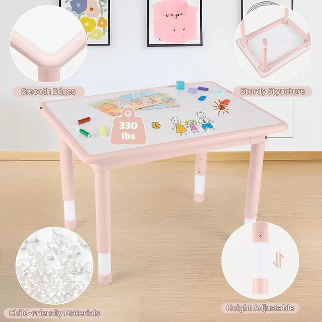 Alt view image 4 of 6 - Kids Table and 4 Chairs Set, Height Adjustable (17.7"-26.1") Toddler Table and Chair Set, Multi-Activity Table with Graffiti Desktop, Childrens Table and Chairs for Classroom, Home & Daycare