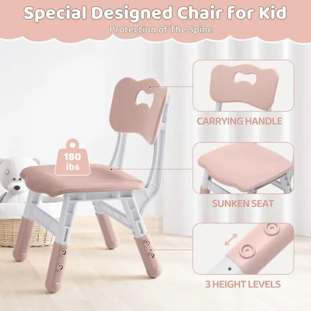 Alt view image 5 of 6 - Kids Table and 4 Chairs Set, Height Adjustable (17.7"-26.1") Toddler Table and Chair Set, Multi-Activity Table with Graffiti Desktop, Childrens Table and Chairs for Classroom, Home & Daycare
