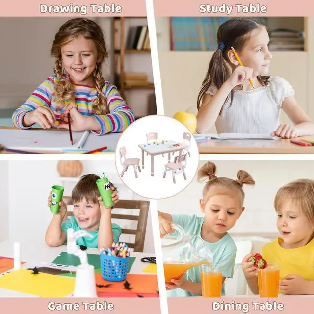 Alt view image 6 of 6 - Kids Table and 4 Chairs Set, Height Adjustable (17.7"-26.1") Toddler Table and Chair Set, Multi-Activity Table with Graffiti Desktop, Childrens Table and Chairs for Classroom, Home & Daycare