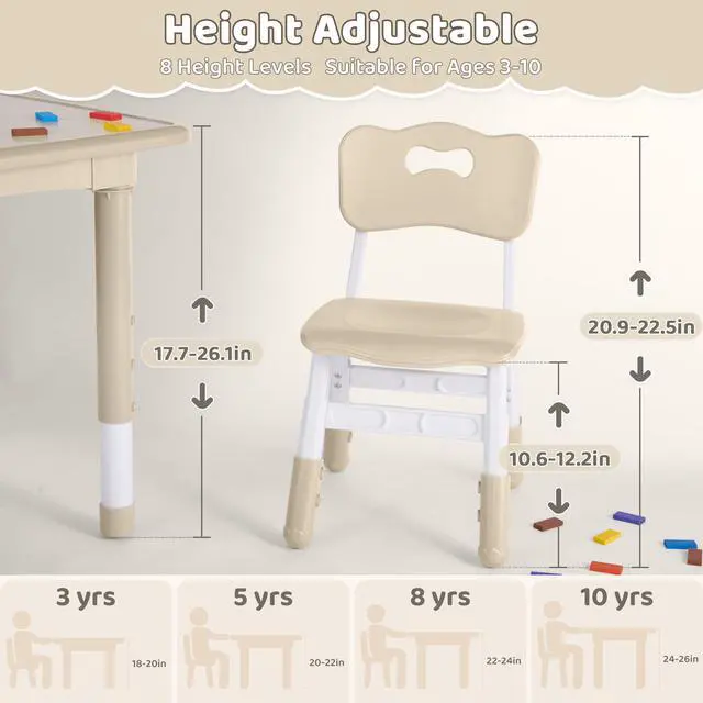 Alt view image 2 of 6 - Kids Table and 4 Chairs Set, Height Adjustable (17.7"-26.1") Toddler Table and Chair Set, Multi-Activity Table with Graffiti Desktop, Childrens Table and Chairs for Classroom, Home & Daycare