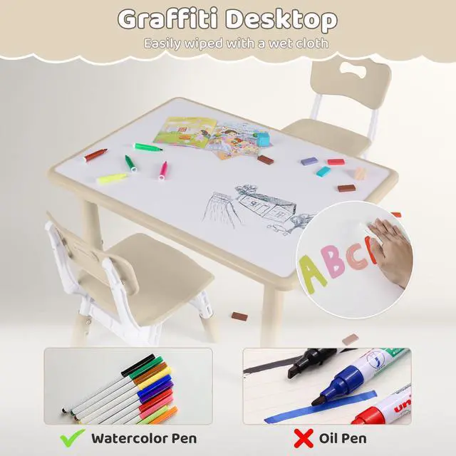 Alt view image 3 of 6 - Kids Table and 4 Chairs Set, Height Adjustable (17.7"-26.1") Toddler Table and Chair Set, Multi-Activity Table with Graffiti Desktop, Childrens Table and Chairs for Classroom, Home & Daycare