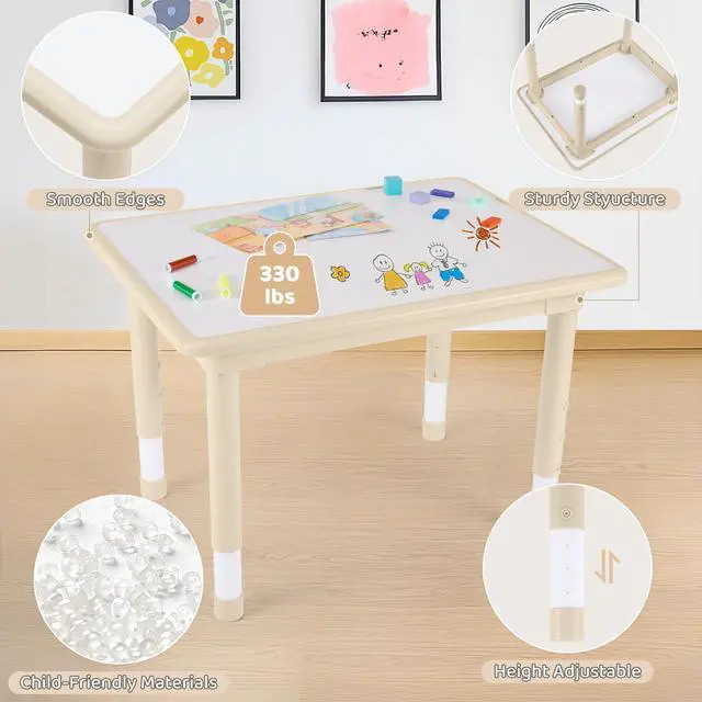 Alt view image 4 of 6 - Kids Table and 4 Chairs Set, Height Adjustable (17.7"-26.1") Toddler Table and Chair Set, Multi-Activity Table with Graffiti Desktop, Childrens Table and Chairs for Classroom, Home & Daycare