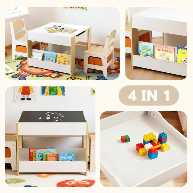 Alt view image 2 of 6 - Kids Wood Table & 2 Chairs Set, Blackboard,Bookshelf, Natural | 4 in 1 Children Activity Table w/Storage, Studying, Drawing, Toddler Furniture Set for Playroom, Daycare, Home, 3 Years+