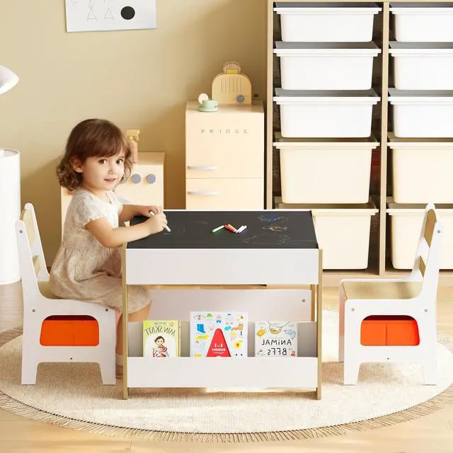 Alt view image 3 of 6 - Kids Wood Table & 2 Chairs Set, Blackboard,Bookshelf, Natural | 4 in 1 Children Activity Table w/Storage, Studying, Drawing, Toddler Furniture Set for Playroom, Daycare, Home, 3 Years+