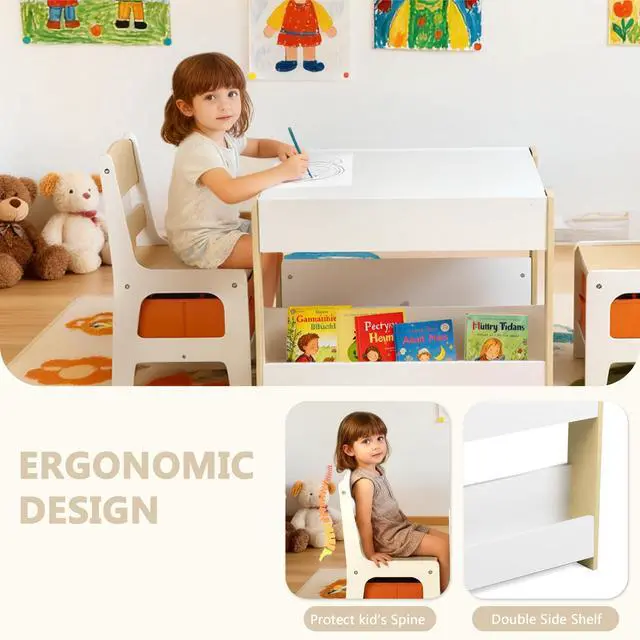 Alt view image 4 of 6 - Kids Wood Table & 2 Chairs Set, Blackboard,Bookshelf, Natural | 4 in 1 Children Activity Table w/Storage, Studying, Drawing, Toddler Furniture Set for Playroom, Daycare, Home, 3 Years+