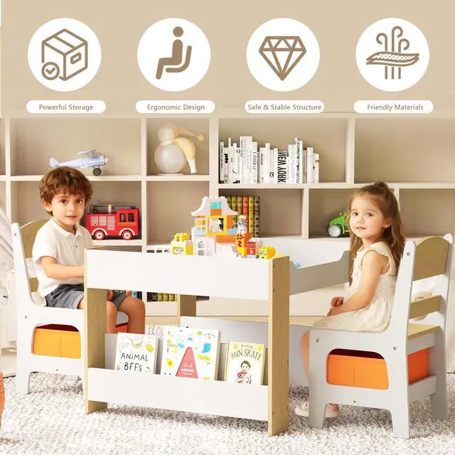 Alt view image 5 of 6 - Kids Wood Table & 2 Chairs Set, Blackboard,Bookshelf, Natural | 4 in 1 Children Activity Table w/Storage, Studying, Drawing, Toddler Furniture Set for Playroom, Daycare, Home, 3 Years+