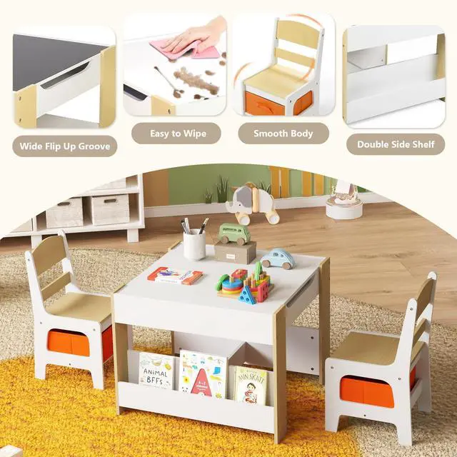 Alt view image 6 of 6 - Kids Wood Table & 2 Chairs Set, Blackboard,Bookshelf, Natural | 4 in 1 Children Activity Table w/Storage, Studying, Drawing, Toddler Furniture Set for Playroom, Daycare, Home, 3 Years+