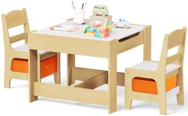 Main image of Kids Wood Table & 2 Chairs Set, Blackboard, Storage, Natural | 3 in 1 Children Activity Table, Studying, Drawing, Toddler Furniture Set for Playroom, Classroom, Daycare, Home, 3 Years+