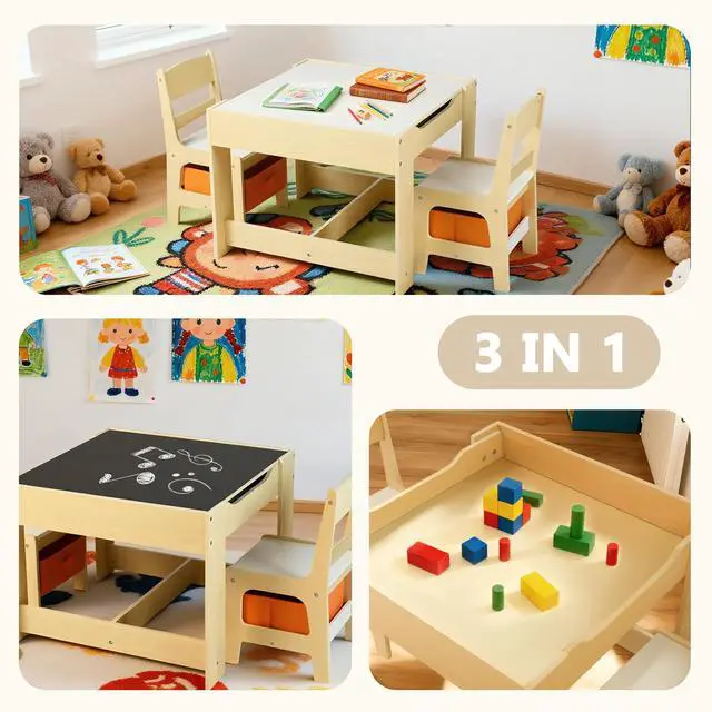 Alt view image 2 of 6 - Kids Wood Table & 2 Chairs Set, Blackboard, Storage, Natural | 3 in 1 Children Activity Table, Studying, Drawing, Toddler Furniture Set for Playroom, Classroom, Daycare, Home, 3 Years+