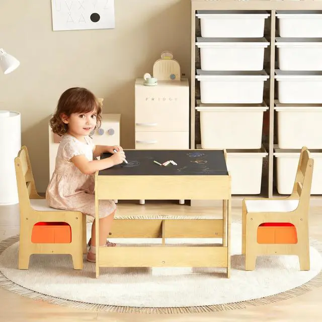 Alt view image 3 of 6 - Kids Wood Table & 2 Chairs Set, Blackboard, Storage, Natural | 3 in 1 Children Activity Table, Studying, Drawing, Toddler Furniture Set for Playroom, Classroom, Daycare, Home, 3 Years+